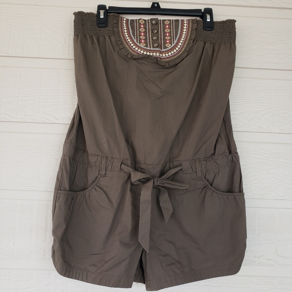Joit Strapless Embroidered Romper pockets front back Brown Belted Romper…